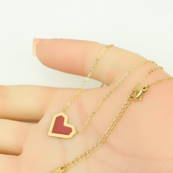 Red Heart Pendant Yellow Necklace with Elegant Gold Plated Chain, XPNL0377 - Picture 4 of 13